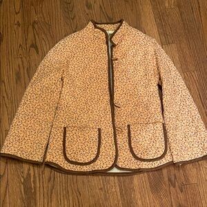 Vintage Floral Patterned Quilted Jacket with Brown Trim